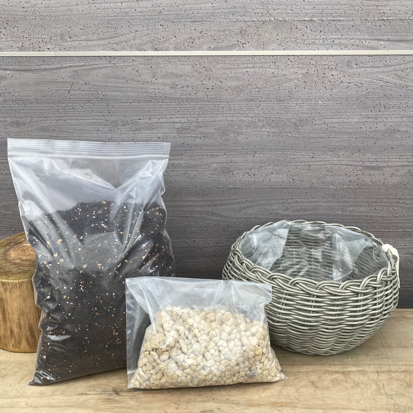 【セット販売】ゆりかごバスケット グレー 開花園オリジナル培養土 5L・ひゅうが土 1Lセット★期間限定 オスモコートプレゼント